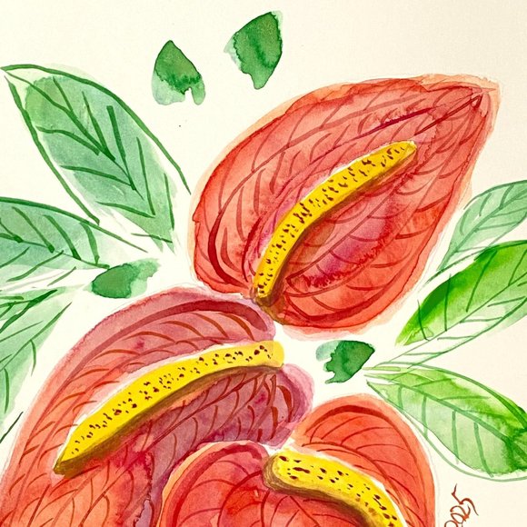 Valentine Anthurium Original Wall Art Watercolor Painting Matted 8x10in - Picture 4 of 8